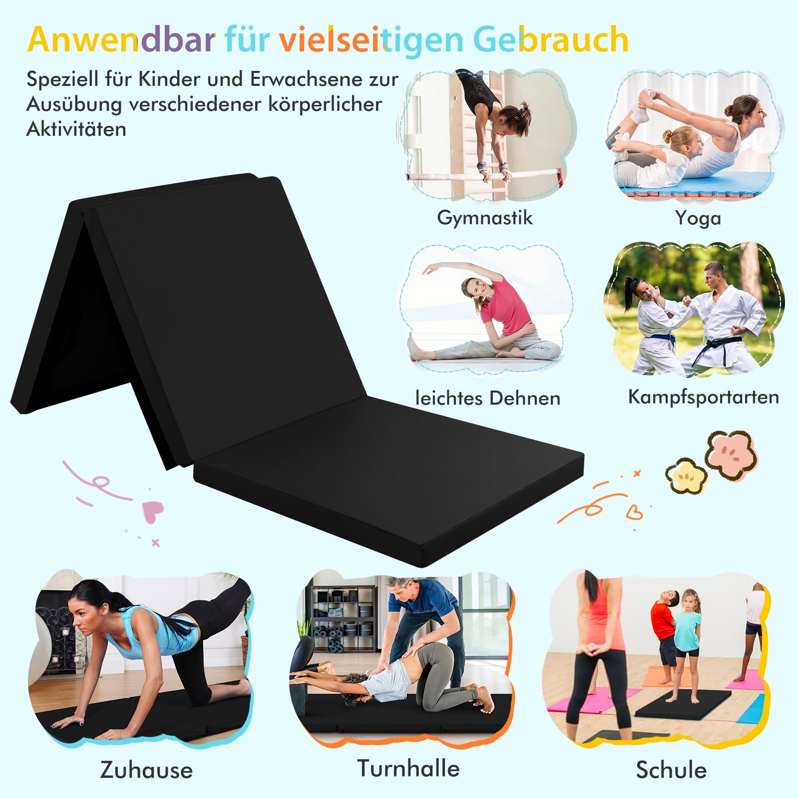 GYMAX Esterilla de Gimnasia 180 x 60 x 5 cm, Colchoneta Plegable Gimnasia con Cierre de Velcro y Asas de Transporte, Esterilla para Gimnasia, Yoga y Ejercicio Deportiva