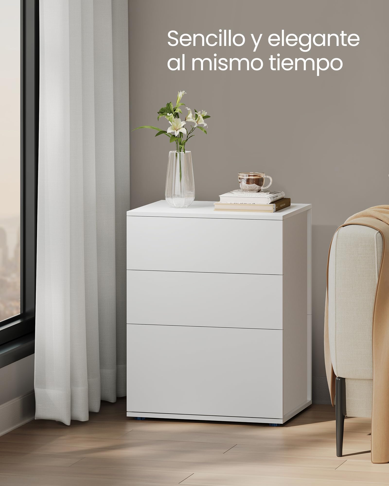 VASAGLE Mesita de Noche, Montaje Súper Rápido Sin Herramientas Toolless, Mesa Auxiliar con 3 Cajones, Moderna, Dormitorio, Sala de Estar, Blanco Mate y Beige Capuchino LET778W01