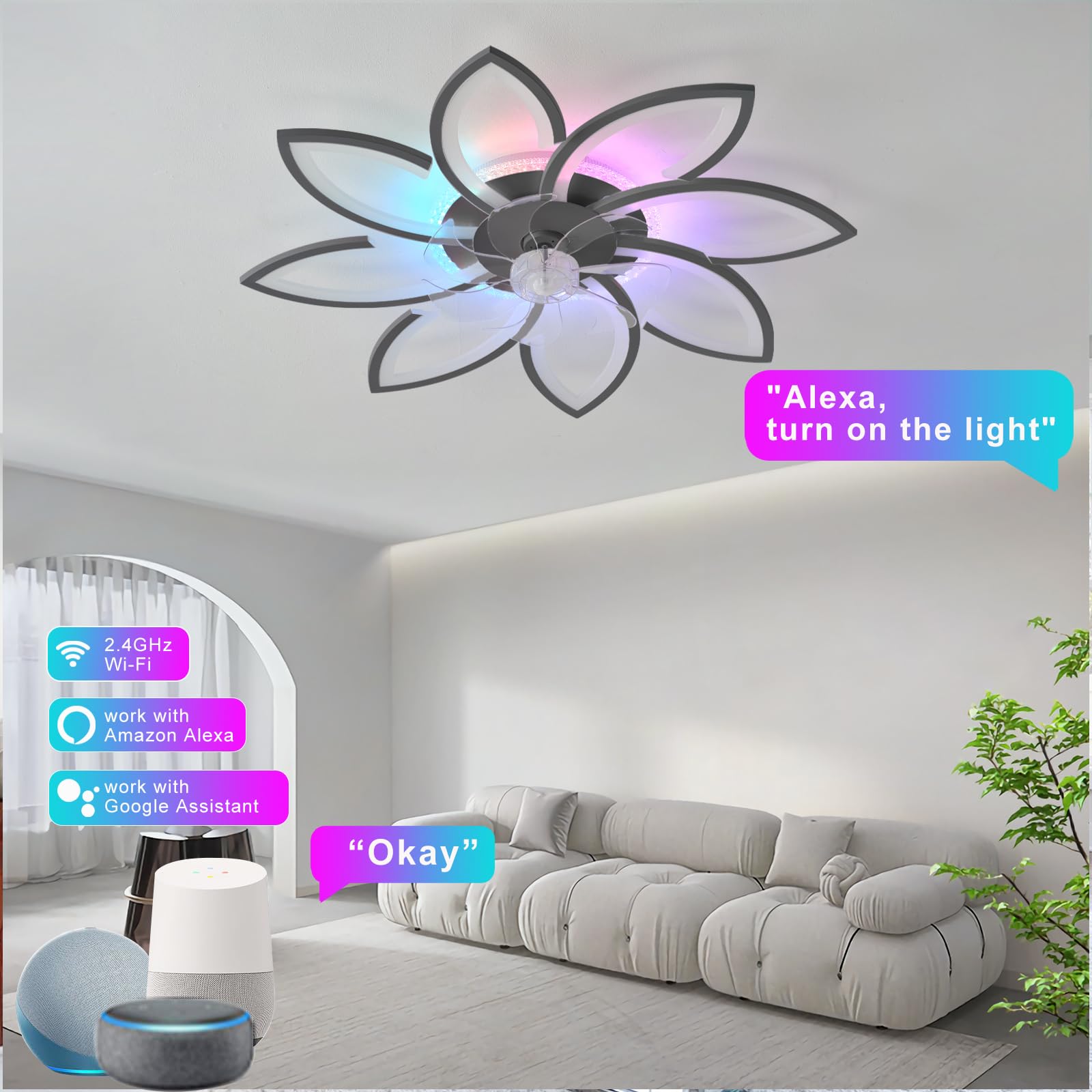RGB Blume Deckenventilator Mit Beleuchtung Alexa-kompatibel, Veränderbare Farbe Leise Ventilator Mit Licht 6 Gang Reversibel Und Dimmbar Lampe Ventilator Für Schlafzimmer Wohnzimmer, Schwarz
