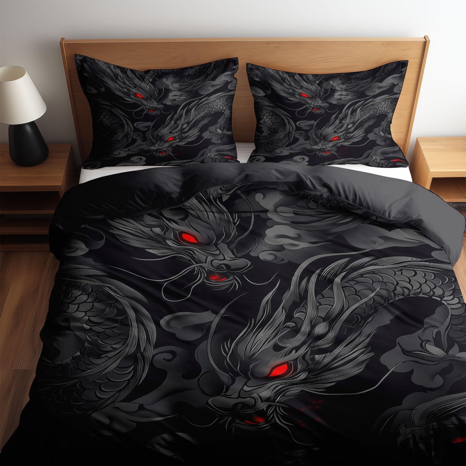 Housse de Couette Dragon Noir Facile à Repasser pour Lit Adulte et Enfant
