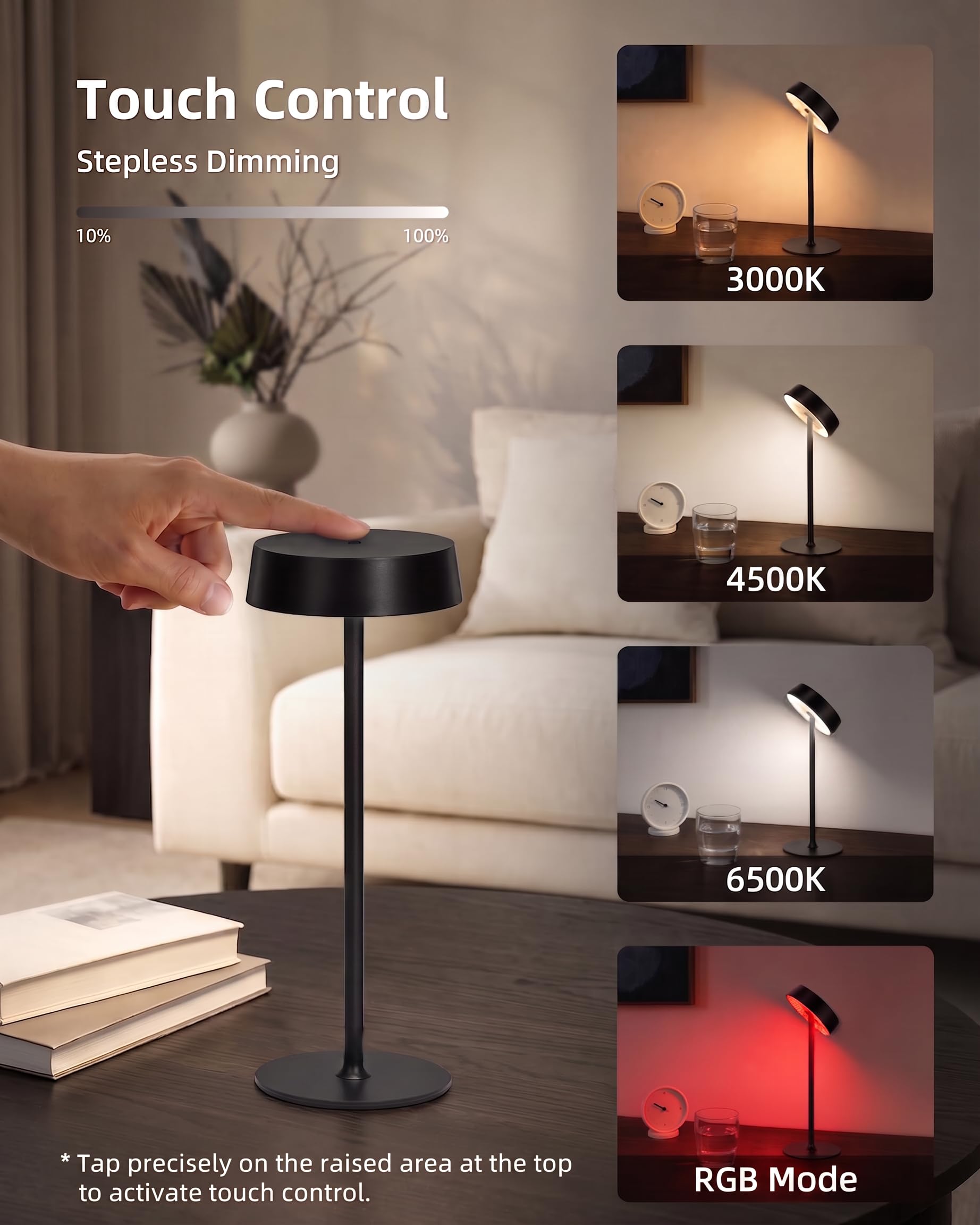 Lámpara de mesa recargable, lámpara inalámbrica, funciona con pilas, control táctil regulable, 3 temperaturas de color RGB, función de memoria LED, lámpara inalámbrica impermeable para exteriores