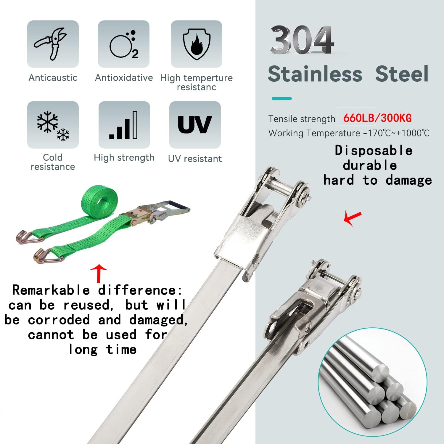 Metal Zip Ties Ratchet Type 660LB 47 inch 1200mm 10 Pack heavy duty Stainless Steel Locking Cable Exhaust Wrap 304 Multi Purpose Binding Cable for Cargo, Appliances, Equipment