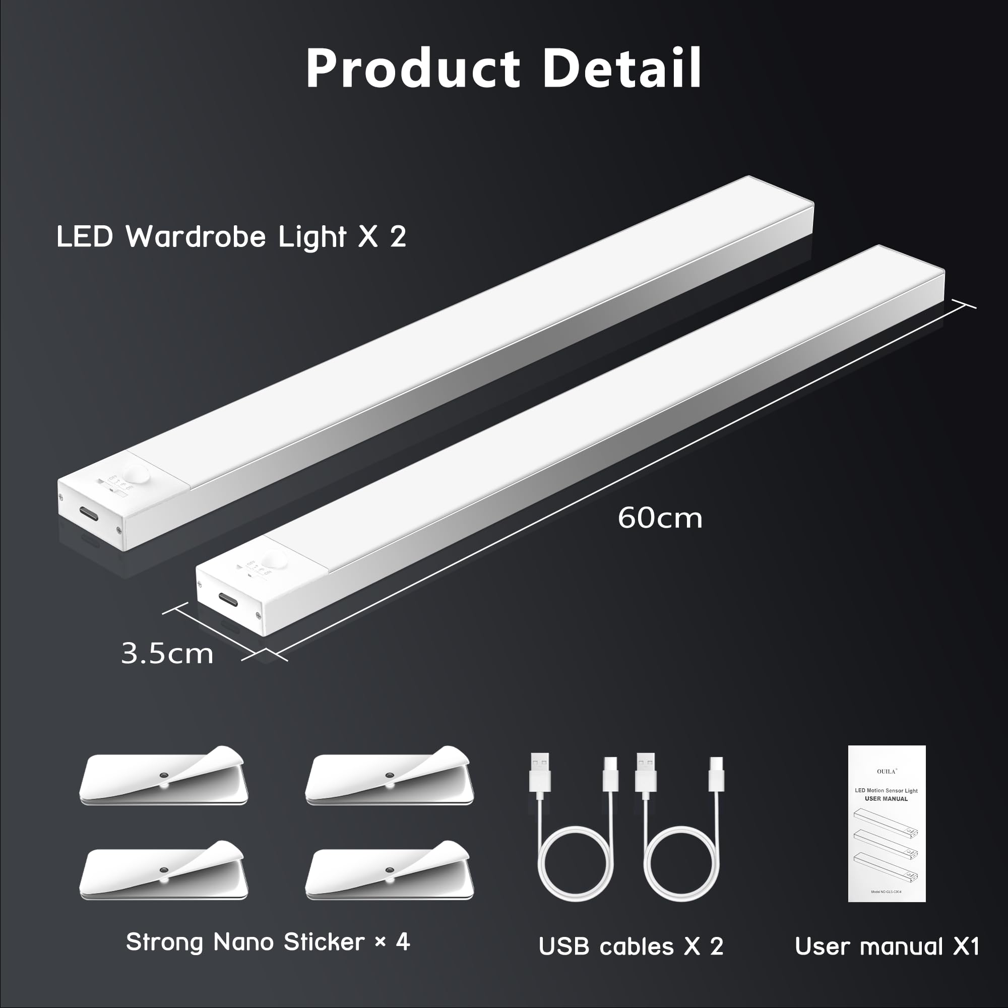 Lámpara LED para armario de cocina, 60 cm, 2 unidades, blanco cálido con detector de movimiento, batería interior, luz de armario, barra de luz USB con sensor para armario, armario, maletero, RV