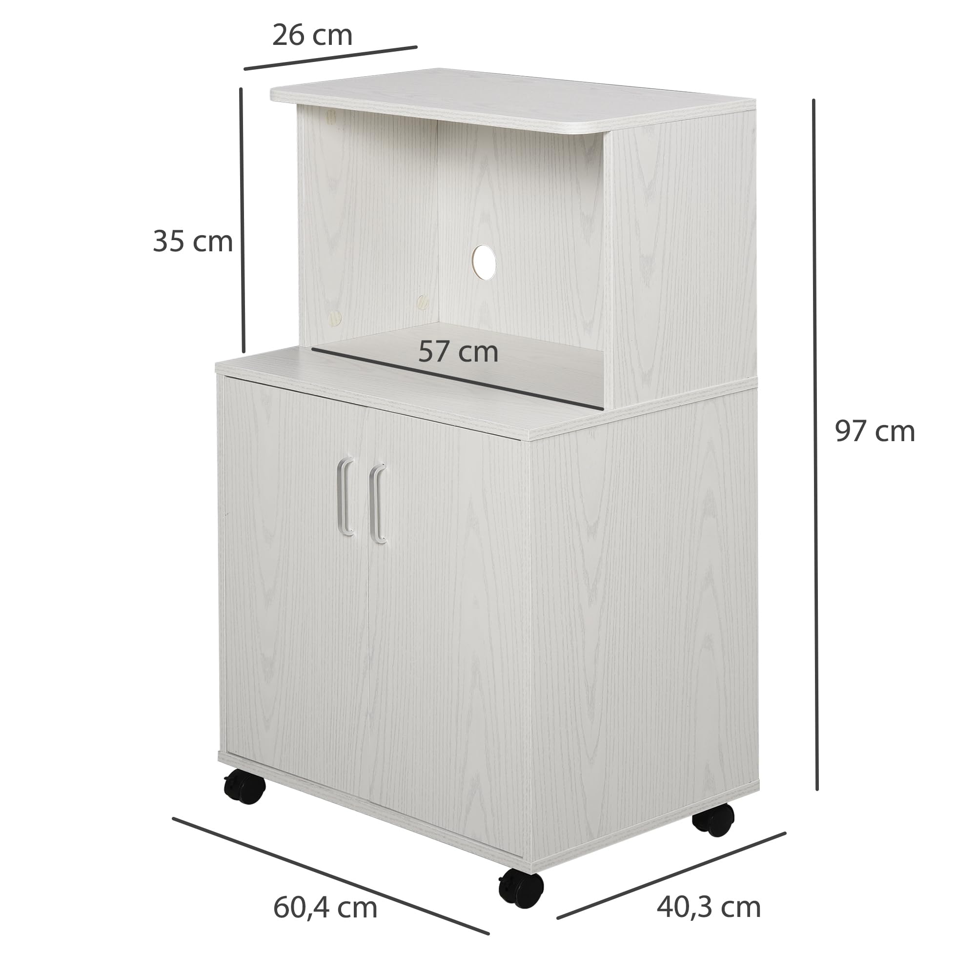 HOMCOM Mobile cucina, armadietto microonde, ruote bloccabili, bianco