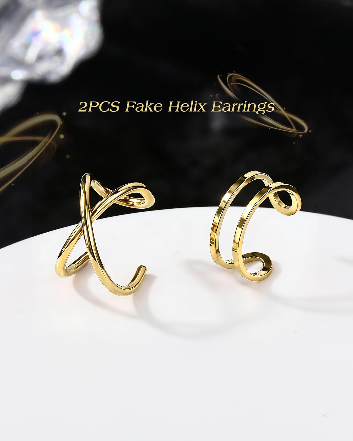 2Pcs Adjustable Ear Cuffs Non Piercing, Clip On Cartilage & Helix Hoops, 14K Gold Plated Fake Helix Conch Earrings for Women