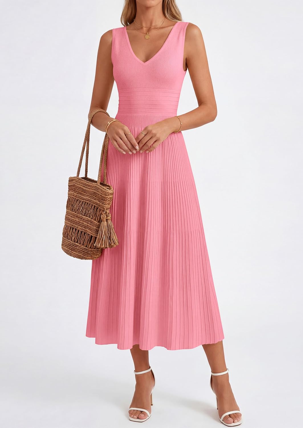 PRETTYGARDEN Summer Dresses for Women 2026 Spring Sleeveless V Neck Knit A Line Casual Midi Cocktail Wedding Guest Dress - Image 6