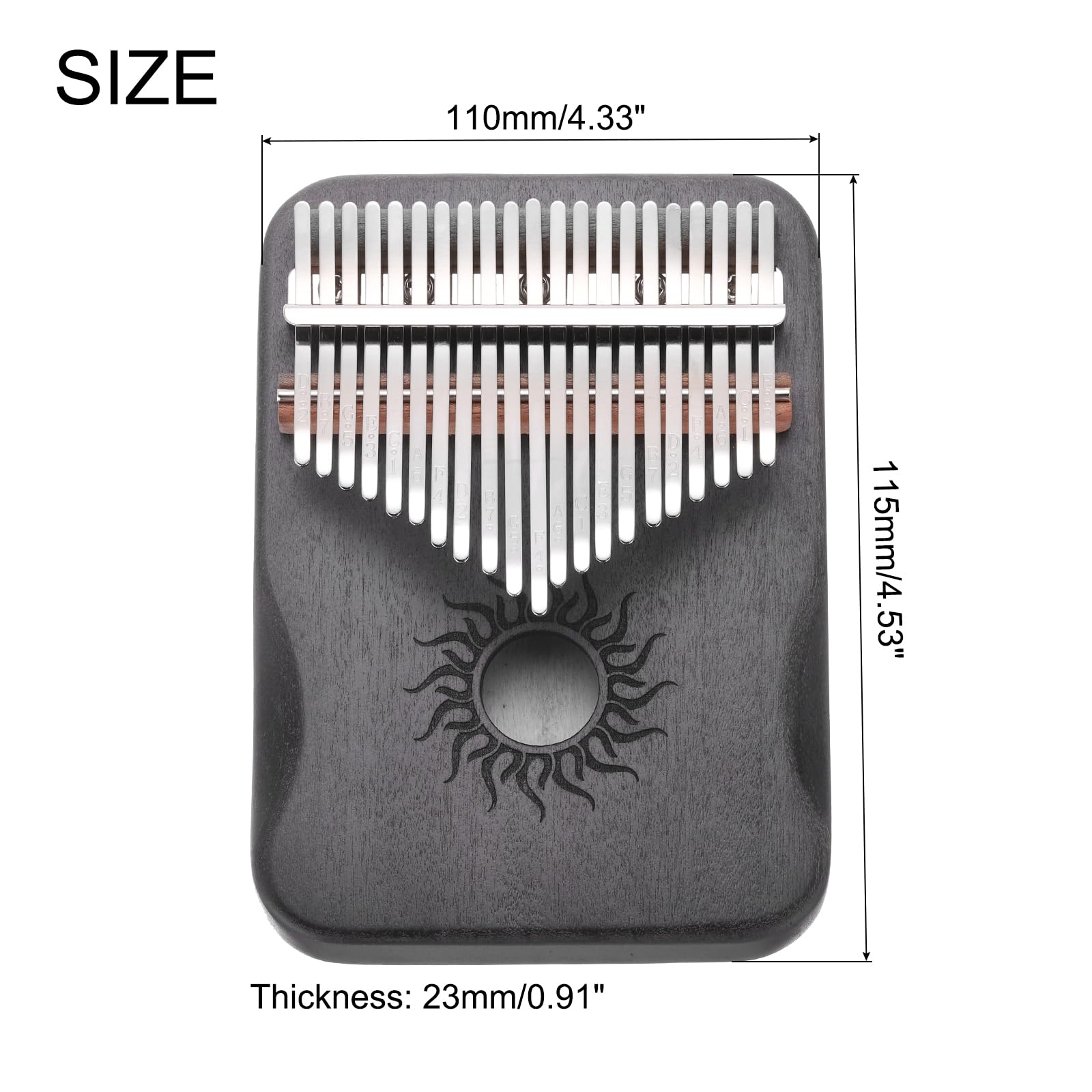 QUARKZMAN Pianoforte Pollice 21 Tasti, Mini Pianoforte Portatile Marrone Scuro Legno d'Acero con Motivo Solare con Borsa Protettiva, Martello Accordare, Istruzioni per Studio Spartiti Adulti