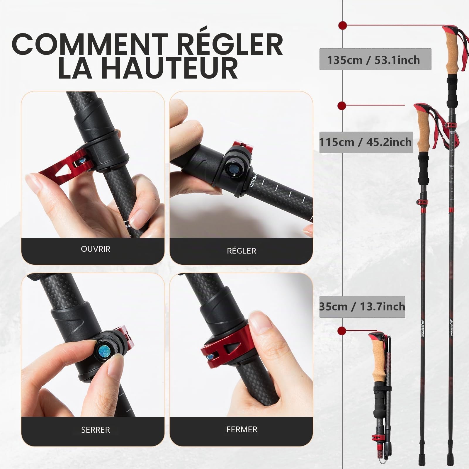 BISINNA Bâtons de randonnée Pliables Carbone 234g | Ultra-léger dès 234g, pointes carbure, accessoires inclus. Pour homme/femme, marche nordique, randonnée alpine.