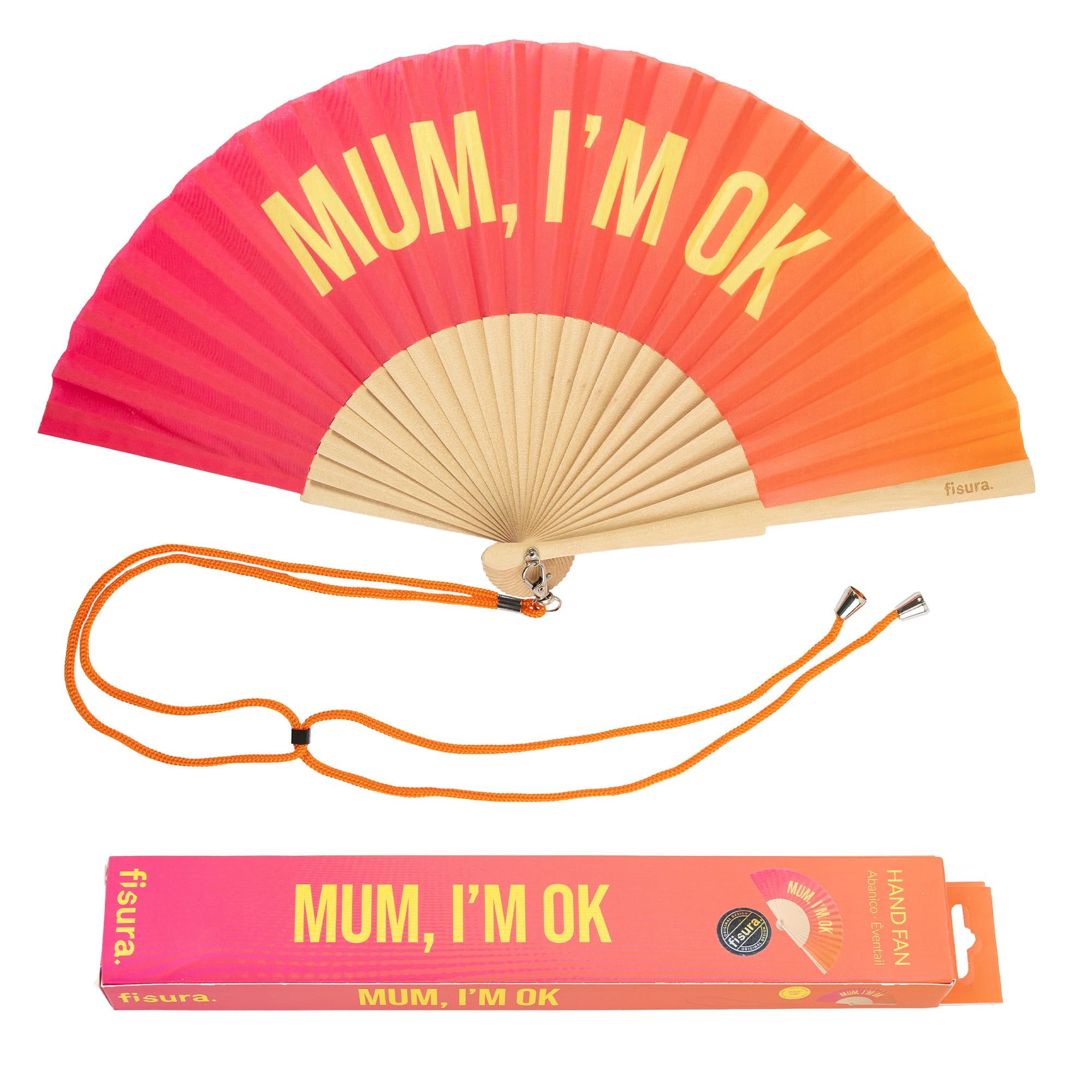 Fisura - Original Handheld Folding Fan with Mum, I'm Ok Message. Gradient Wooden Fan. Original Holding Hand Fans. Birthday Gifts Wedding Party Decoration. With Hanger included.