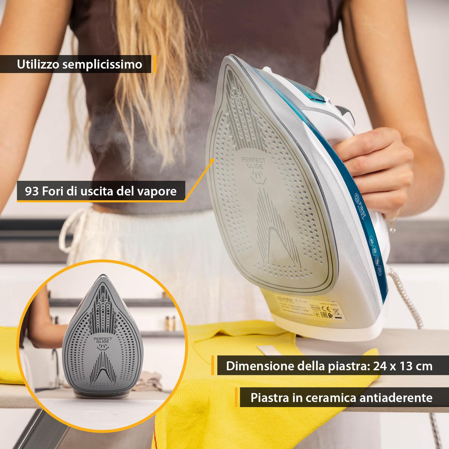 TZS First Austria - Ferro da Stiro a Vapore 1200W - 450ml - 93 Fori Vapore - 25g/min Vapore & Supervapore 1g - Piastra in Ceramica - Anti-Calcare, Vapore Verticale & Autopulizia - Verde