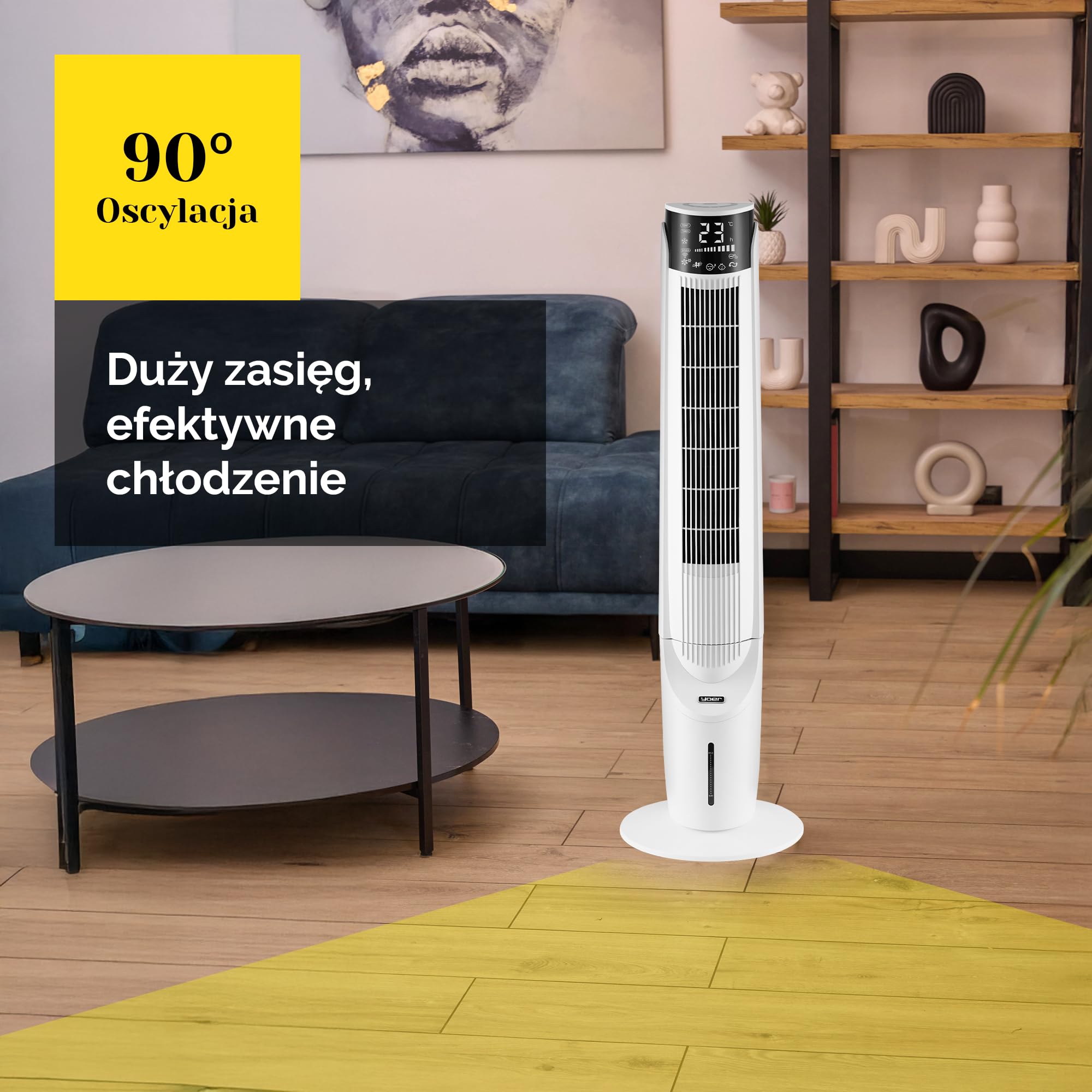 Yoer 33dB Cichy Klimator wodny przenośny 6w1, Wentylator kolumnowy, 60W, 10m Zasięg nawiewi, 2x szybsze chłodzenie, Nawilżanie powietrza, Aromaterapia, Jonizacja, 90° Oscylacja, Cascado TFC06W, biały