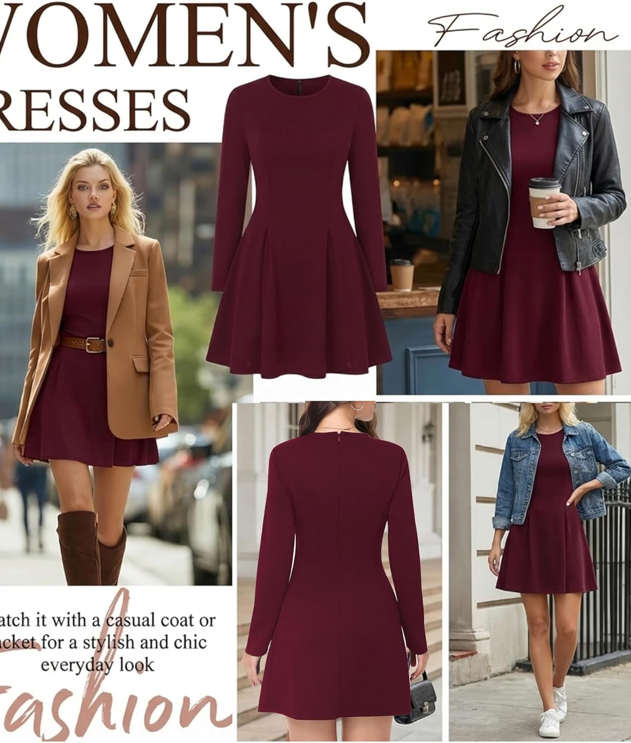 Women's Long Sleeve Mini Dress Crewneck Pleated Babydoll A Line Short Dress Wedding Guest Cocktail Party Dresses - Image 4