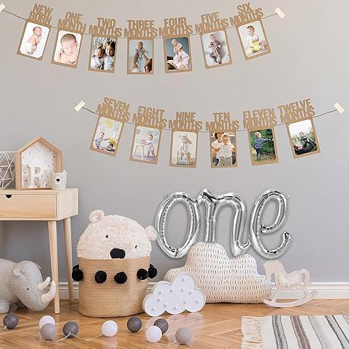 Miniatura 4 de Pancartas de primer cumpleaños, pancarta de fotos de bebé, globo marrón de una letra para primer cumpleaños, suministros de fiesta de primer