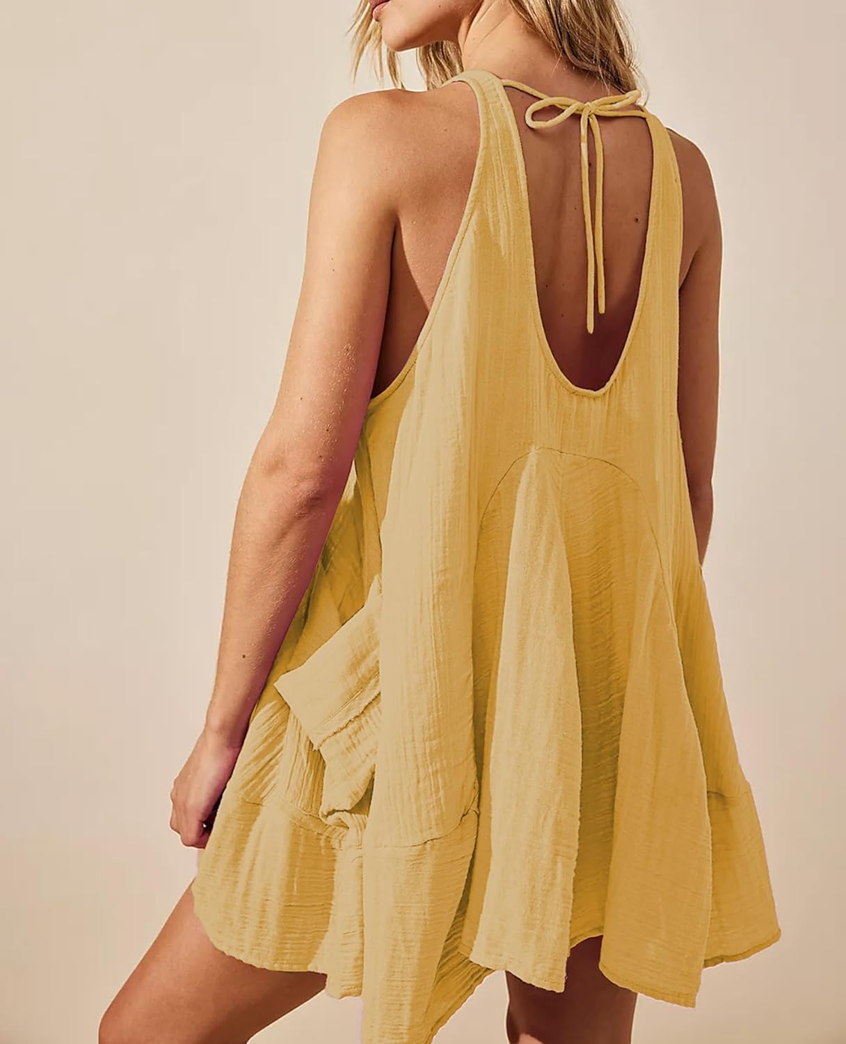 Womens Casual Summer Dresses Sleeveless Crew Neck Backless Tunic Mini Dress Loose Flowy Tank Sundress with Pocket(Yellow,M) - Image 4