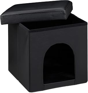 Relaxdays Dog Box Seat Stool, LGBT: 38 x 38 x 38 cm, Stable Seat Cube with Animal Hole for Dogs/Cats, Faux Leather, Black