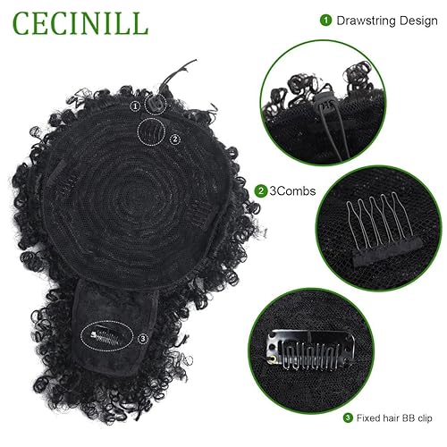 Miniatura 4 de CECINILL Cola de caballo afro con cordón y flequillo, extensión de cola de caballo para mujeres negras, postizo corto y rizado con clip (2#)