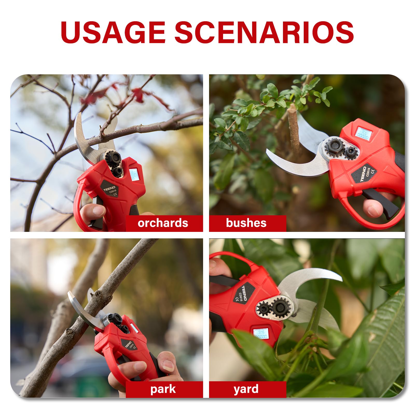 TEENO Tijeras de Podar Electricas Inalámbricas 30MM con LCD,Motor sin Escobillas, 2 * 2000mAh baterías,Tijera para Jardinería Podadora Adecuada para Jardines, Ramas,Huertos (Dos pilas)
