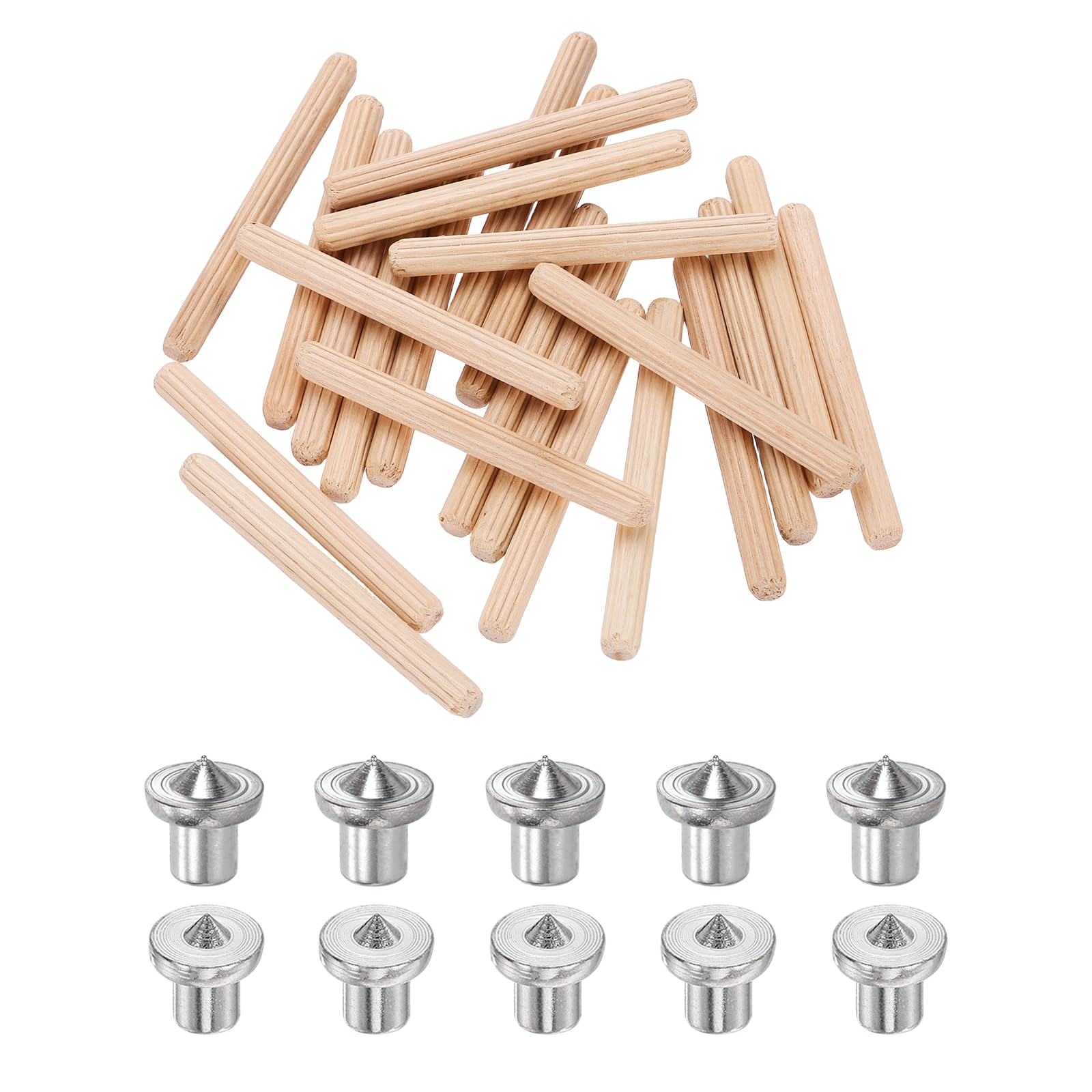 sourcing map 250Pcs Wood Dowel Pins, 6 x 60 mm Wooden Dowel Rods Straight Grooved Pins with 10Pcs Solid Hollow Dowels Tenon Center Transfer Plugs for Furniture Woodworking DIY Project
