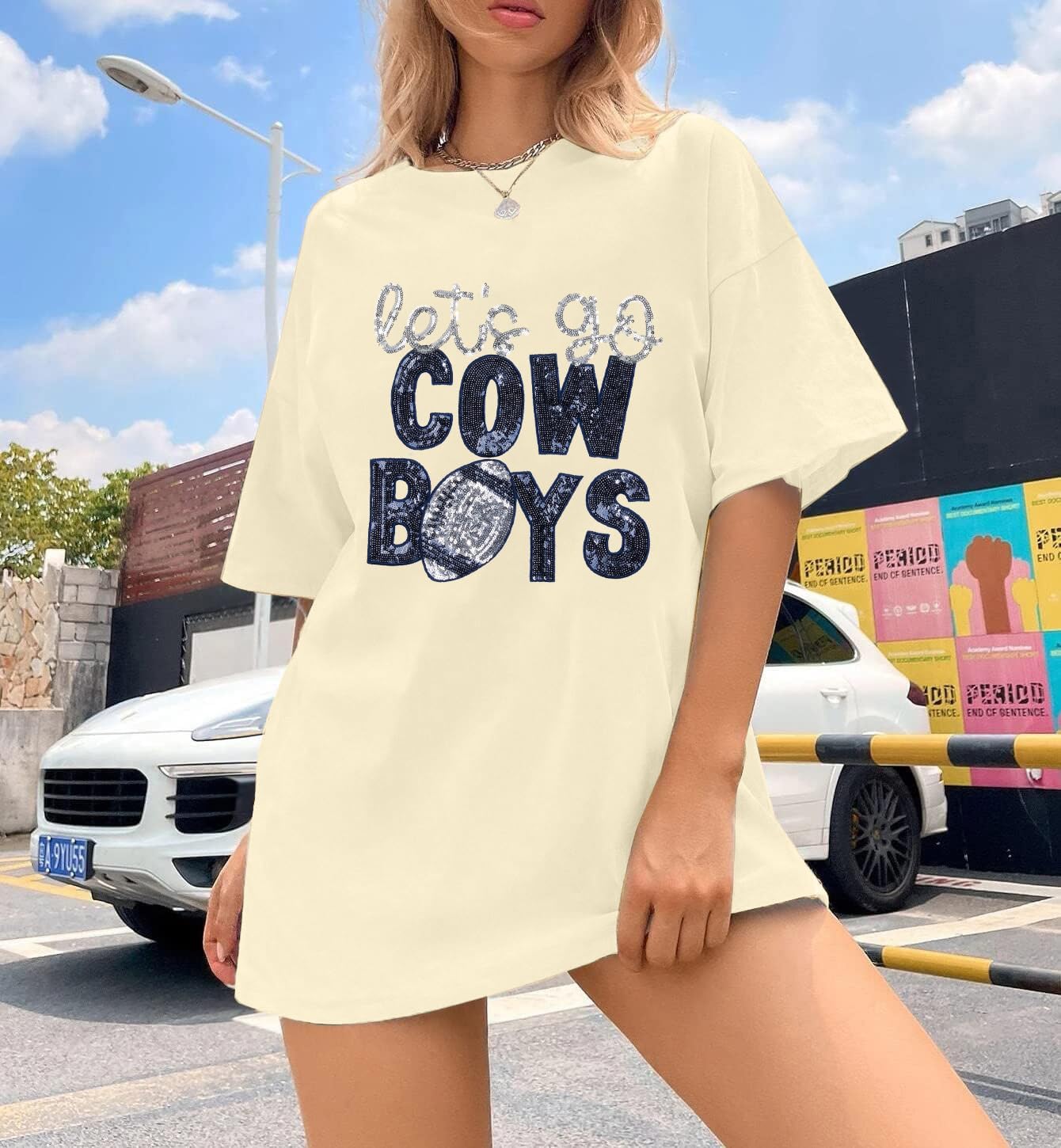 Womens Football Sequin Embroidery Shirts Oversized Vintage Game Day Tshirt Casual Football Season Short Sleeve Tops - Image 2