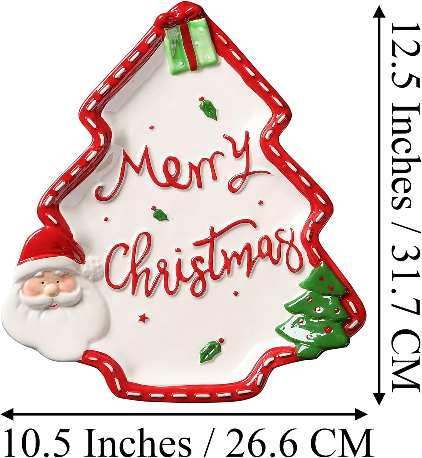 12.5 Inches Big Christmas Plates Chip & Dip Set, Christmas Ceramic Snack Plate, Santa Claus High Relief Porcelain Appetizer Dessert Fruit Salad Saucers Bowls, Cutlery Platter Serving Dish - Big