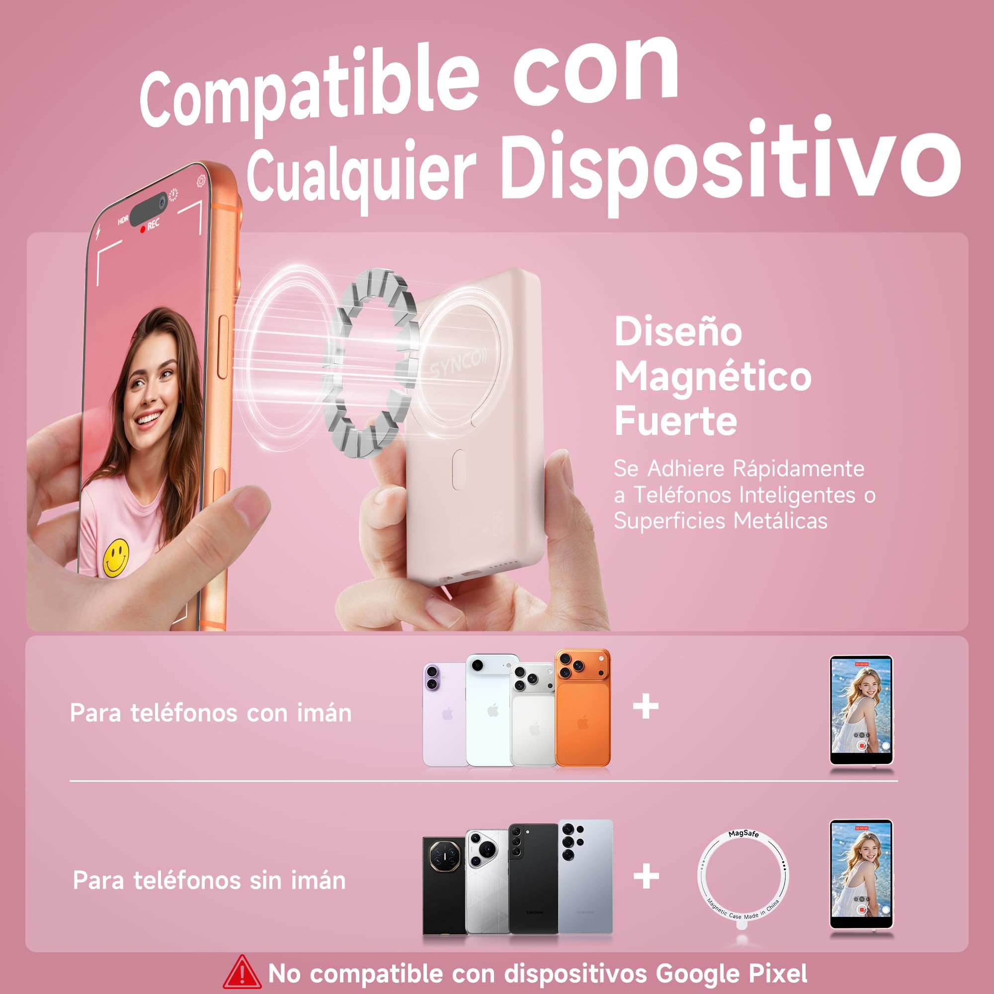 SYNCO XView Monitor para Teléfono iPhone y Android, Pantalla Magnética para Selfie Vlog Inalámbrico 50M Batería 3H, Altavoz Integrado para TikTok Youtube (Rosa)