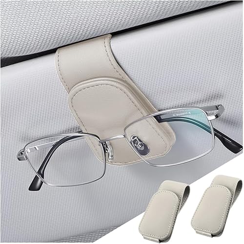 zipelo Sunglasses Holder for Car Sun Visor, 2 PCS Magnetic Leather Eyeglass Hanger, Sun Glasses Mount Clip on Visors, Ticket Card Cash Organizer, Auto Interior Accessories (Light Beige)