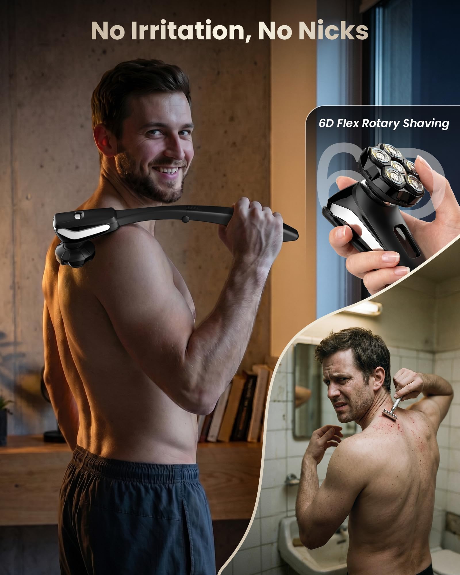 Rückenrasierer Herren, Elektrischer Körperrasierer mit Klappgriff | 2-in-1 Bodygroom für Rückenrasur, Wasserdicht, für Körper, Gesicht und Kopf, Pflege-Set für Männer, Silber