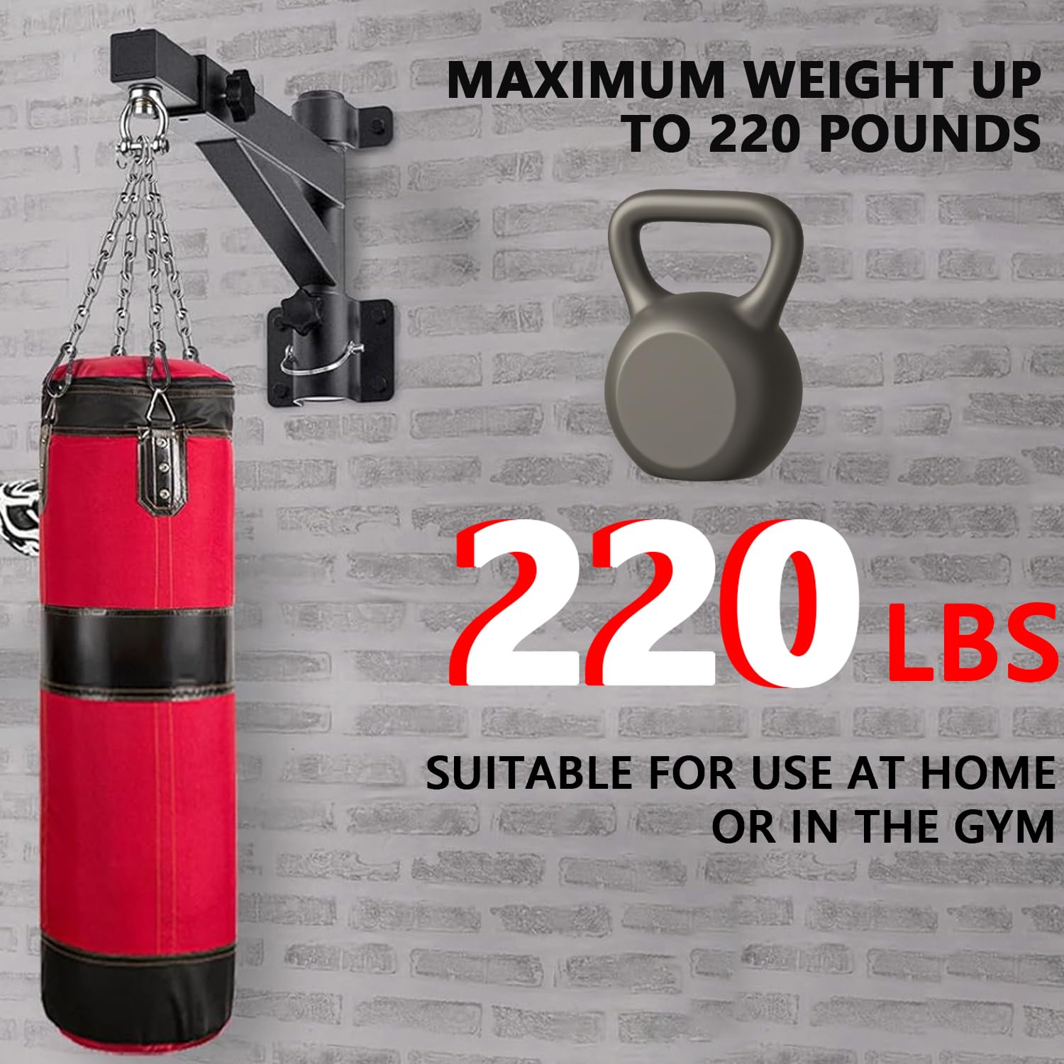 Soporte para Saco de Boxeo - Soporte de Pared Ajustable 44-64cm con Rotación 360° Silenciosa, Heavy Duty 100kg, Construcción en Acero Resistente para Gimnasio Casa/MMA, Soporte para Saco de Boxeo