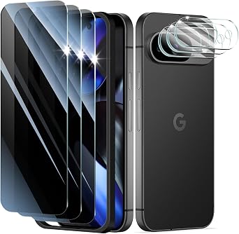 3+3+1-Pack, Privacy Screen Protector and Camera Lens Protector for Google Pixel 9 with Installation Alignment Aid, Anti-Spy Tempered Glass Film, Dark Private Black Protection, Anti-Scratch