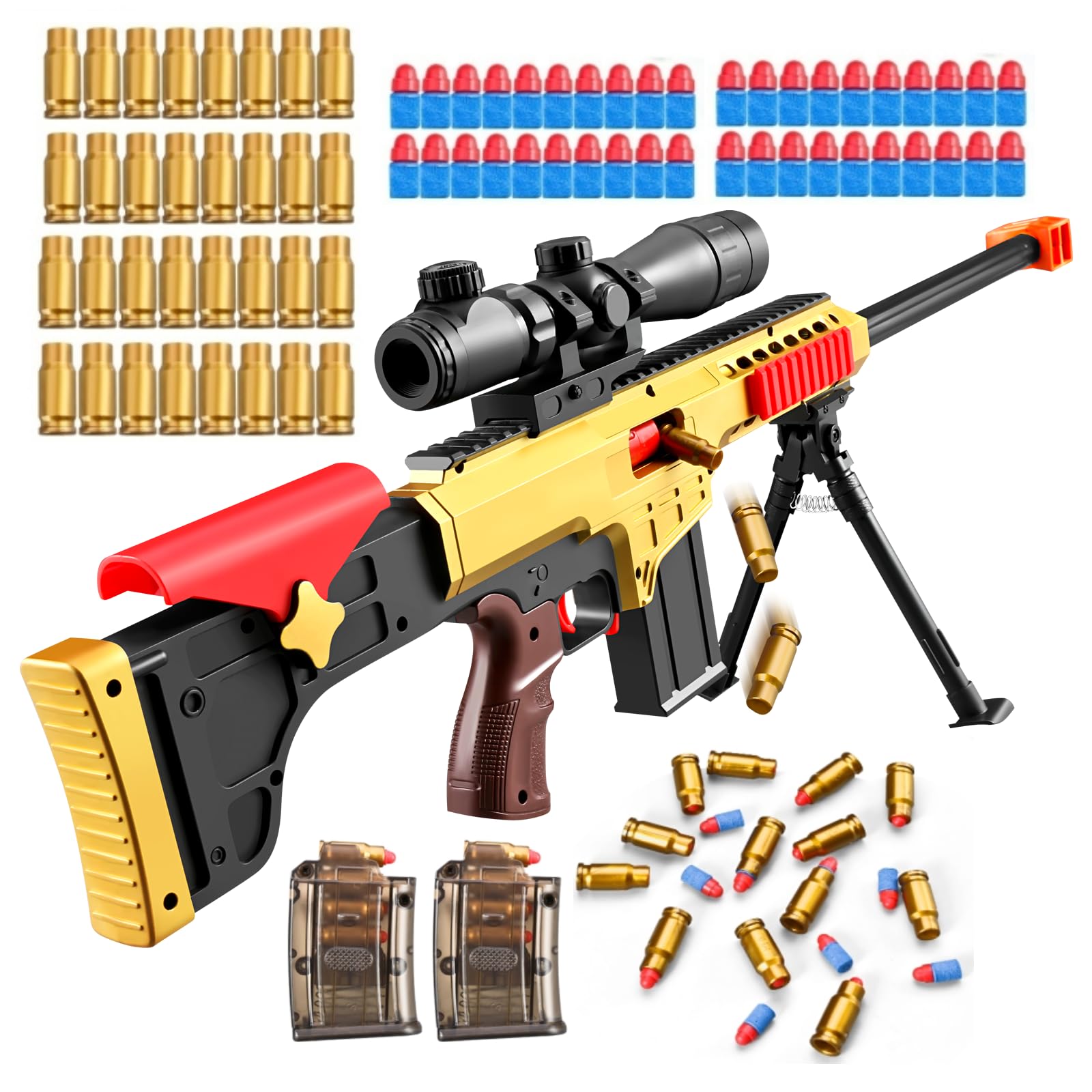 Soft Bullet Toy Gun Sniper Rifle with Scope Realistic Barrel Shotgun Shell ejecting Foam Blaster Gun Dart Pellet Shooting Game for Boys Teen Adult Gifts Age 8 10 12 Year Old (Gold)