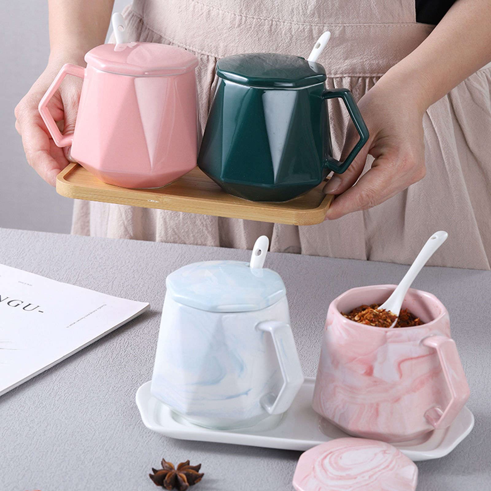 Azucarero en forma de taza, azucarero con tapa, tarro almacenamiento, porcelana cuchara, salero,-azul-olla 9x8x10cm(Pink 2)