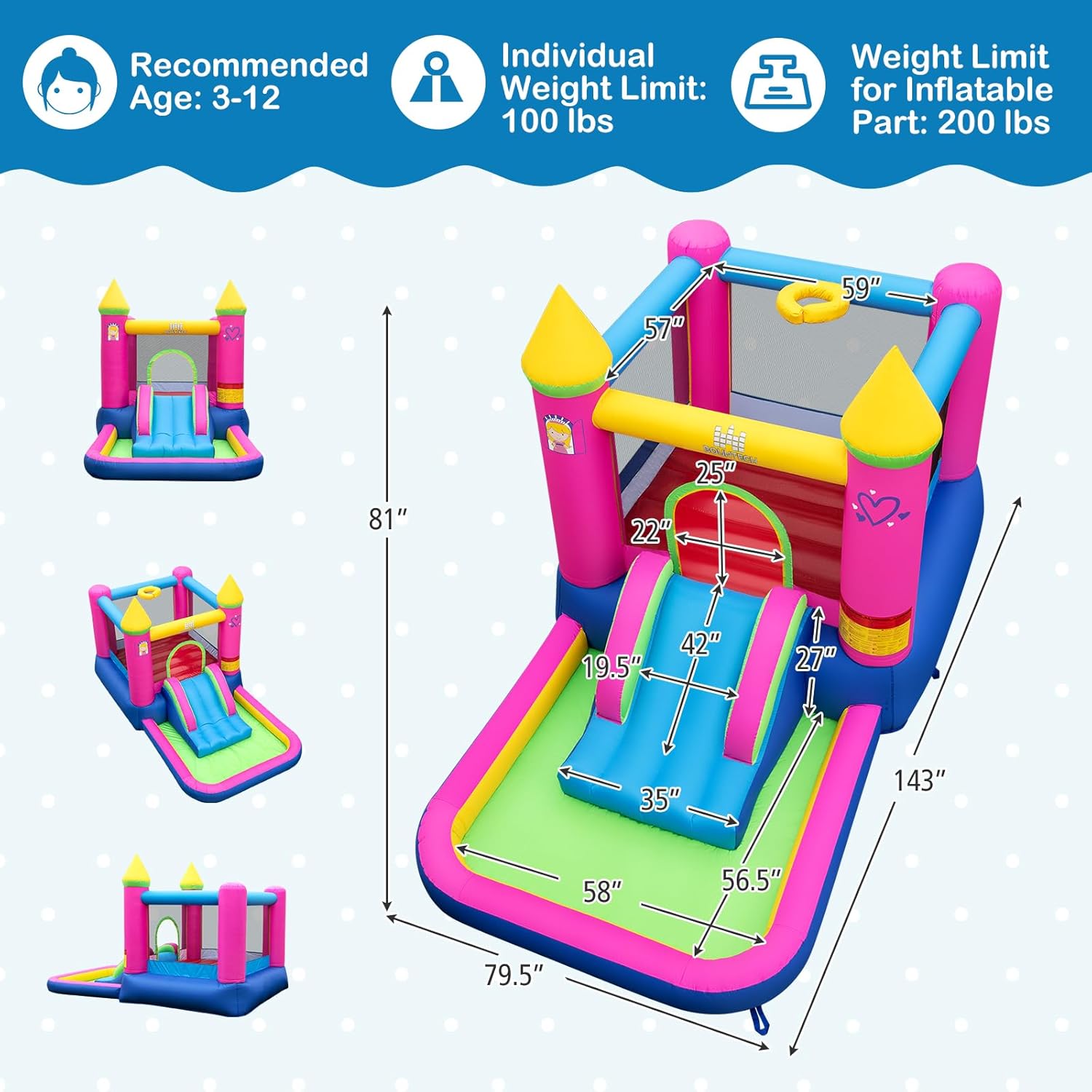 BOUNTECH Inflatable Bounce House with Ball Pit, Princess Bouncy House for Kids Indoor Outdoor w/Large Jumping Area, Basketball Hoop, Pink Bounce House for Girls Aged 3-12 Backyard Birthday Party Gifts
