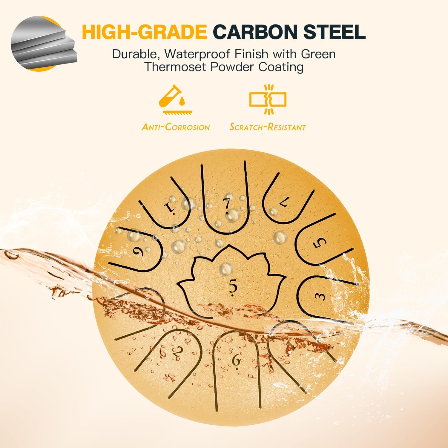 Rain Drum for Outside Garden,6 Inch 11 Note 440Hz Steel Tongue Drum C Major, Steel Drum for Kids & Adults, Music Education & Meditation Drum for Patio&Backyard, with Mallets, Bag & Book(Gold)