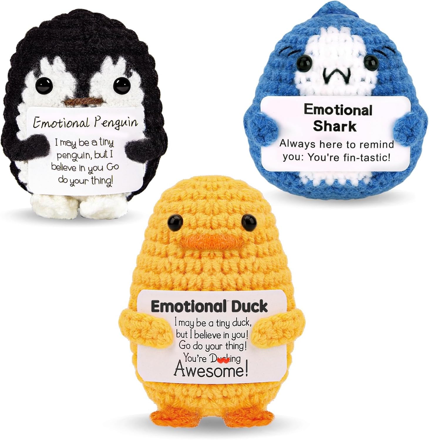 Gifts for Women Men Emotional Potato Pickle: 3Pcs Funny Crochet Dolls Christmas Stocking Stuffers Friends Coworkers Roommates College Students Sister with Cheer Up Cards (Shark,Duck,Penguin)