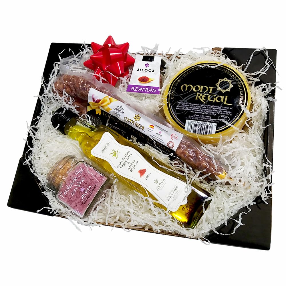 Jiloca Azafranes Cesta Navidad Gourmet para Regalar, Lote para Ocasiones Especiales con Embutidos Delicatessen, Aceite de Oliva, Queso de Oveja, Longaniza, Pétalos de Sal, Azafrán Hebra Selección