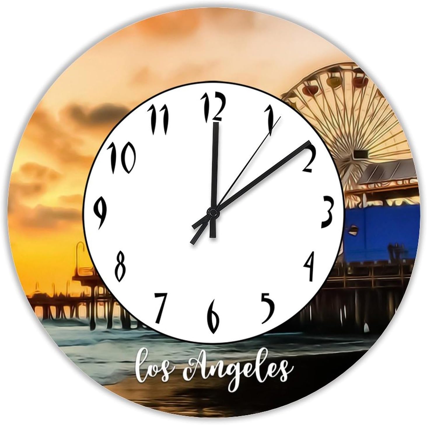 Los Angeles Wall Clock Silent Non Ticking Wooden Clocks Los Angeles Scenery Cityscape Clock Battery Operated 12in Round Clock, Rustic Clocks Decor for Home Kitchen Office