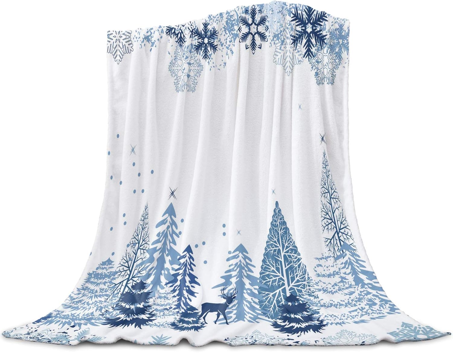 Fleece Throw Blanket Plush Fuzzy Lightweight Throws Christmas Blue Trees with Snowflake and White Snow Reversible Cozy Bedding Blanket for Couch,Sofa,Crib Stroller 49" x 59"