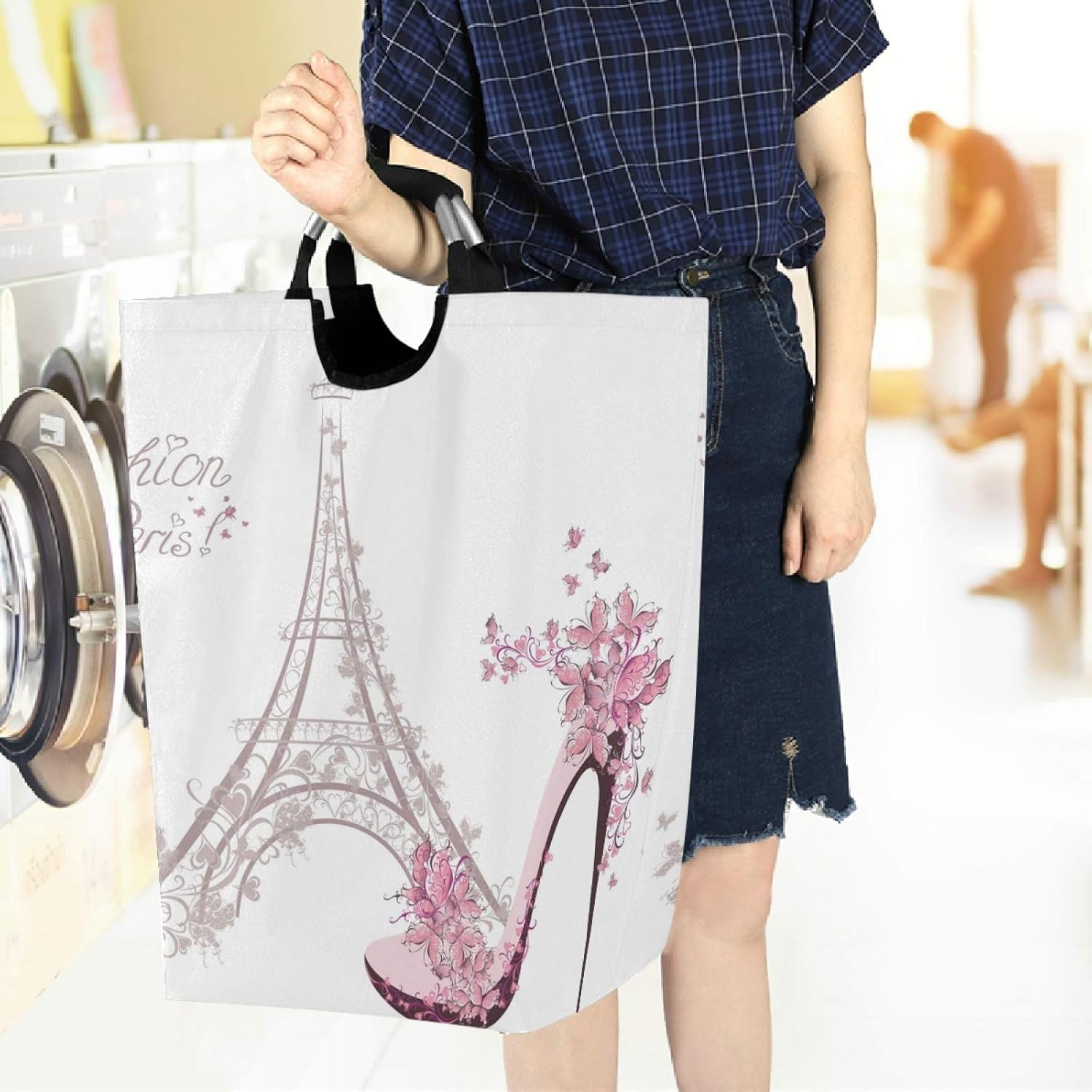 visesunny Large Capacity Laundry Hamper Basket Eiffel Tower Fashion Paris Floral Oxford Cloth Storage Baskets for Bedroom, Bathroom, Dorm, Kids Room
