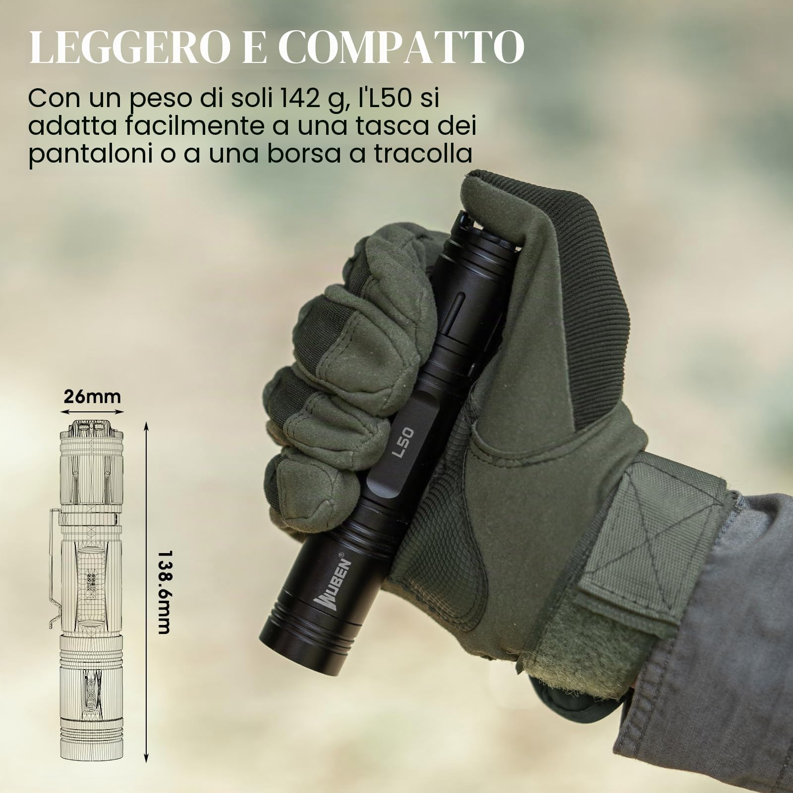 WUBEN L50 Torcia LED Ricaricabile, 1200 Lumen Torcia LED Potente Professionale, Torcia Tattica IP68 Impermeabile 5 Modalità, Tascabili Portatili Torch