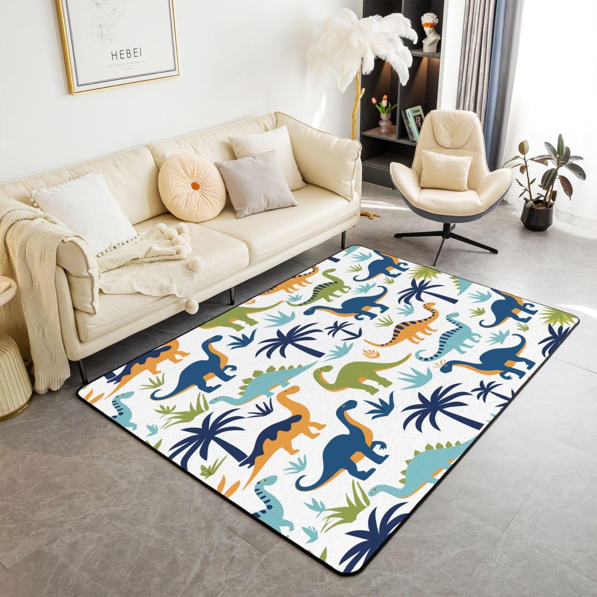 Cartoon Dinosaurier Wohnzimmer Teppich 100x150cm Blauer Kokosbaum Grün Gras Drucken Schlafzimmerbereich Teppich für Kinder Teens Niedliches Tier- und Pflanzenmuster Indoor Matte Heimdekor
