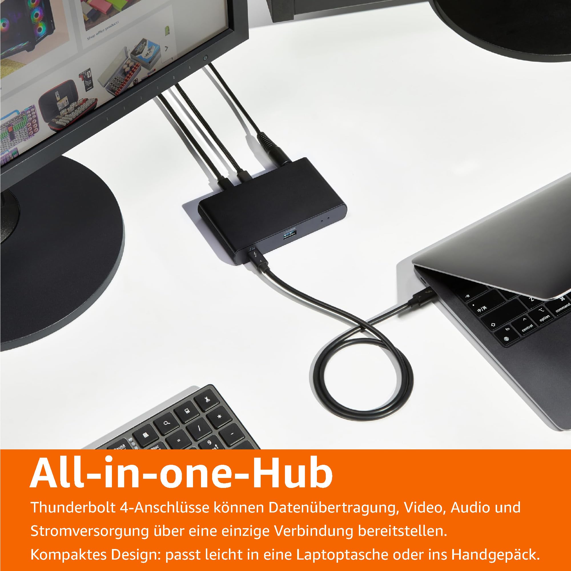 Amazon Basics Thunderbolt 4/USB 4-Dockingstation, 3 x Downstream TBT4 (Dual-Display), 1 x USB A 3.1, EU, Schwarz, 12,16 x 7,21 x 2,16 cm