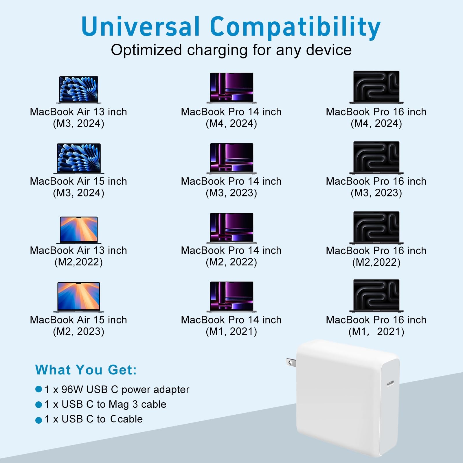96W Caricabatterie per MacBook Pro 16 14 Pollici Mac Book Air 15 13 Pollici M5 M4 M3 M2 M1 2025 2024 2023 2022 2021 Tipo C Adattatore di alimentazione Rapida Incluso 6.6ft Tipo C a Mag 3 Cavo, Qualità