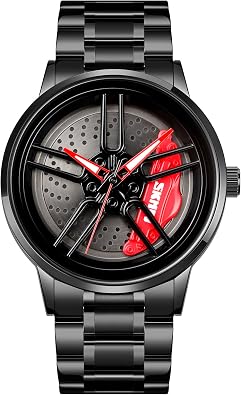 Mens Car Watch Creative Hollow Design Waterproof Wheel Rotating Quartz Analog Stainless Steel Strap Suitable for Men and Car Enthusiasts