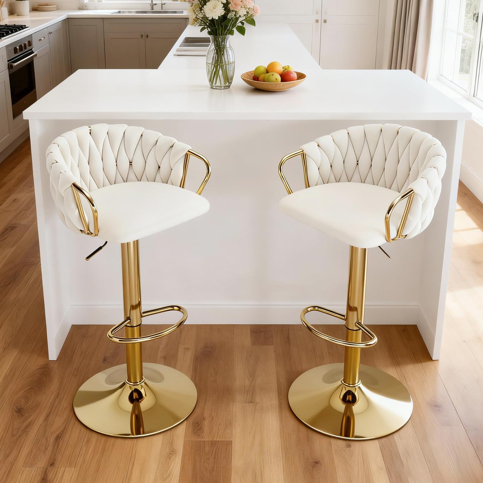 Set 2 Sgabelli da bar Velluto,Schienale intrecciato Bianco Crema
