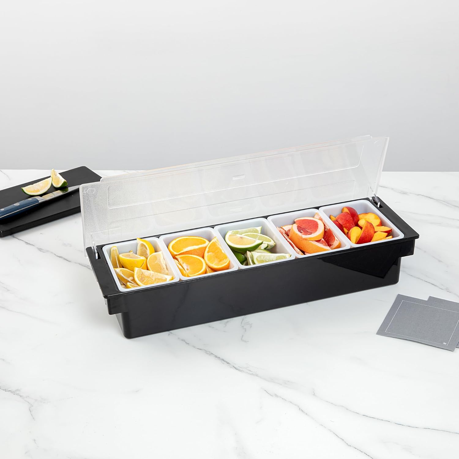 Restaurantware Bar Lux 19.6 x 6.3 x 3.7 Inch Condiment Caddy 1 Durable Bar Caddy - 5 Removable Compartments Built-In Lid Black Plastic Condiment Holder For Restaurant Store Cocktail Garnish