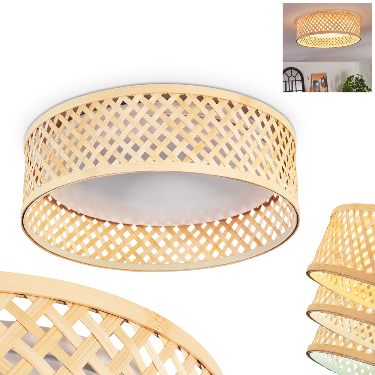 HOFSTEIN LED Deckenleuchte Barroco, Deckenlampe aus Metall/Bambus/Kunststoff in Natur/Weiß, Boho-Design, CCT einstellbar 3000-6500 Kelvin, 16 W, 2000 Lumen, Esszimmer, Wohnzimmer, Schlafzimmer, Küche