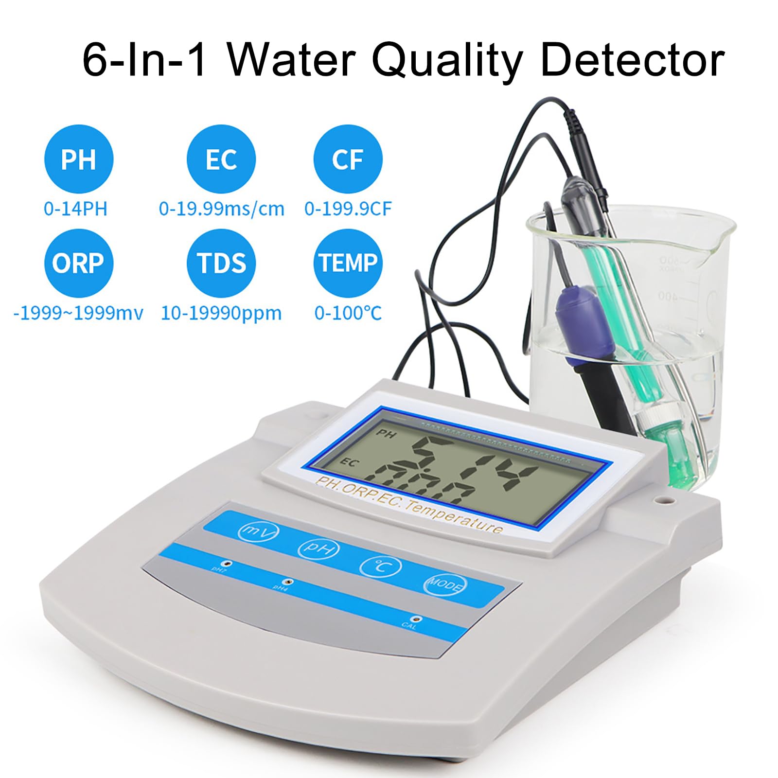 Kit de medidor de pH digital 6 en 1 con compensación de temperatura, almacenamiento de datos para laboratorio, agua, hidroponía, EC, PPM y pruebas de conductividad