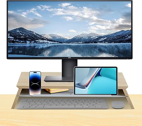 Soporte elevador para monitor, soporte de monitor de computadora para escritorio, soportes de escritorio de madera maciza para computadora portátil,