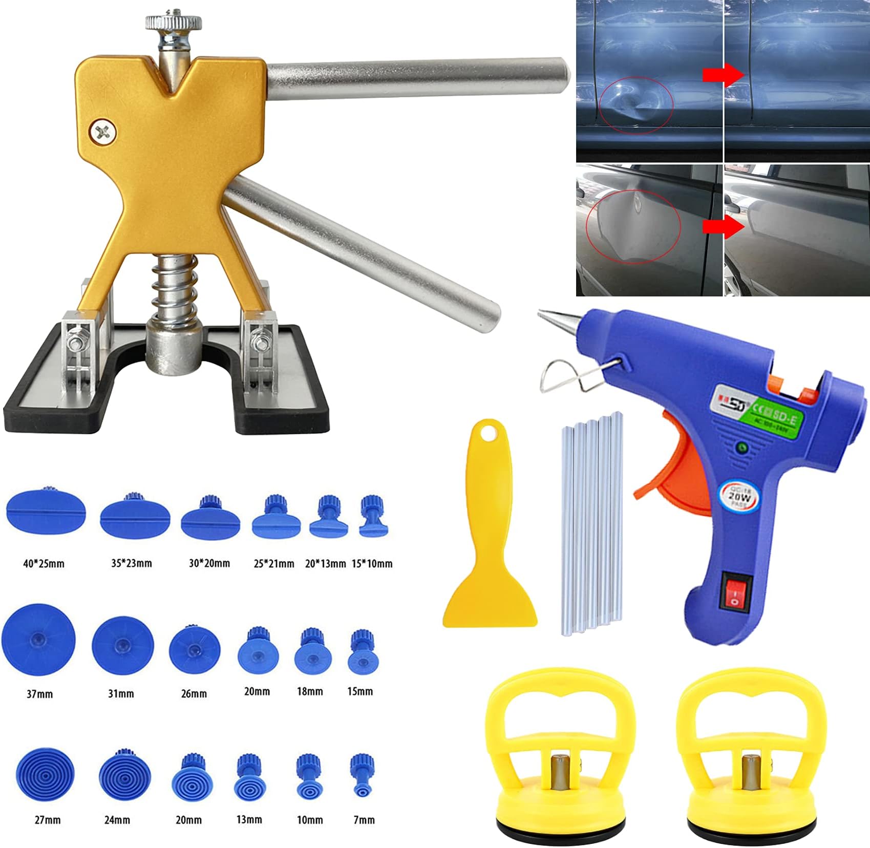 S-SNAIL-OO Car Dent Puller Repair & Remover Tool Set, Paintless Golden Dent Lifter Puller ，for Auto Body Hail Damage and Door Dings Repair ，with 2 pcs Dent Puller Suction Cups (B)