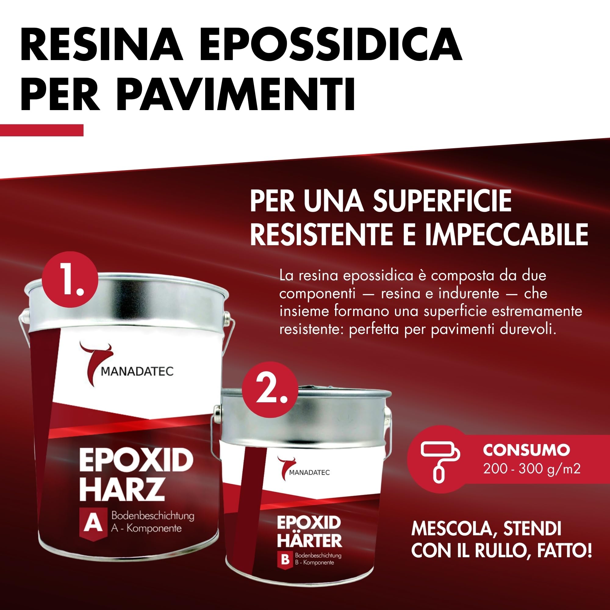 MANADETEC Resina epossidica 2k per rivestimento di pavimenti 5kg I Grigio ardesia RAL 7015 I Senza solventi, ecologico, inodore I Rivestimento per pavimenti di garage e cantine I Antiurto